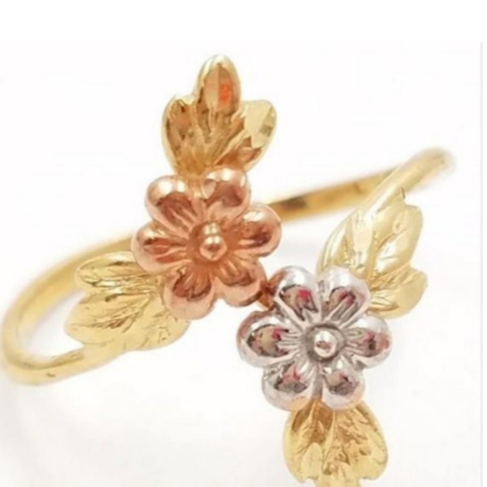 10K Gold Floral Tri Color Bypass Ring - Picture 11 of 12